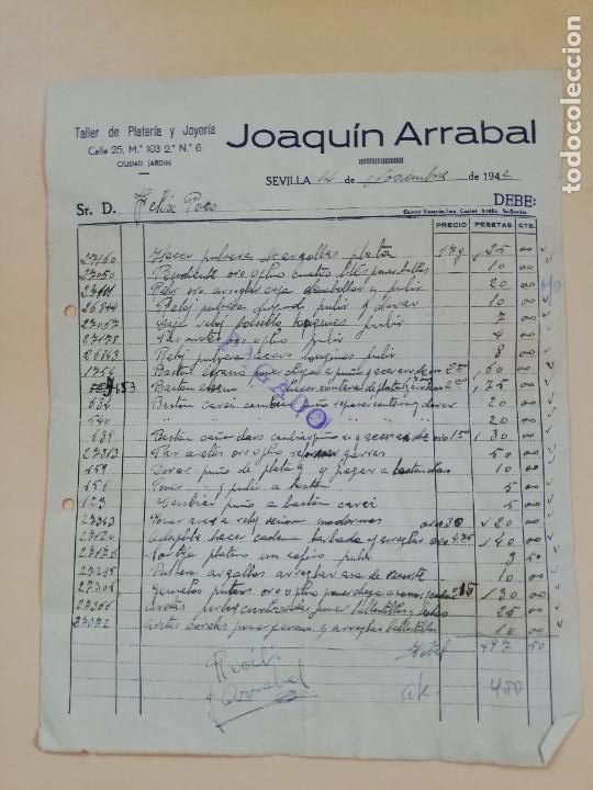 Factures anciennes: FACTURA. TALLER DE PLATERIA Y JOYERIA. JOAQUIN ARRABAL. SEVILLA, 1942.