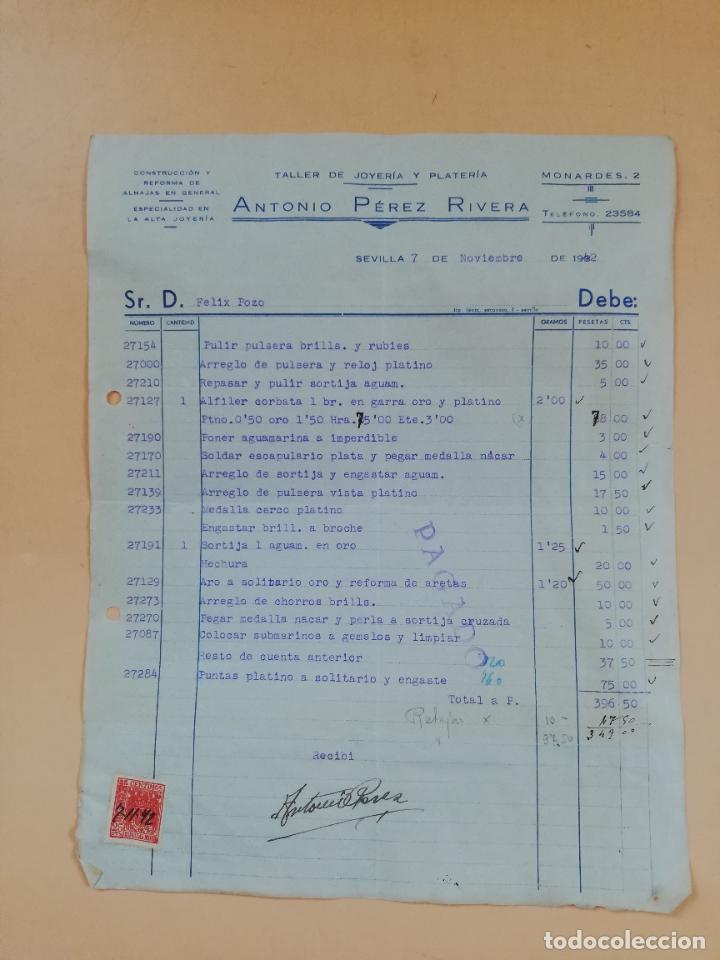 Factures anciennes: FACTURA. TALLER DE JOYERIA Y PLATERIA. ANTONIO PEREZ RIVERA. SEVILLA, 1942.