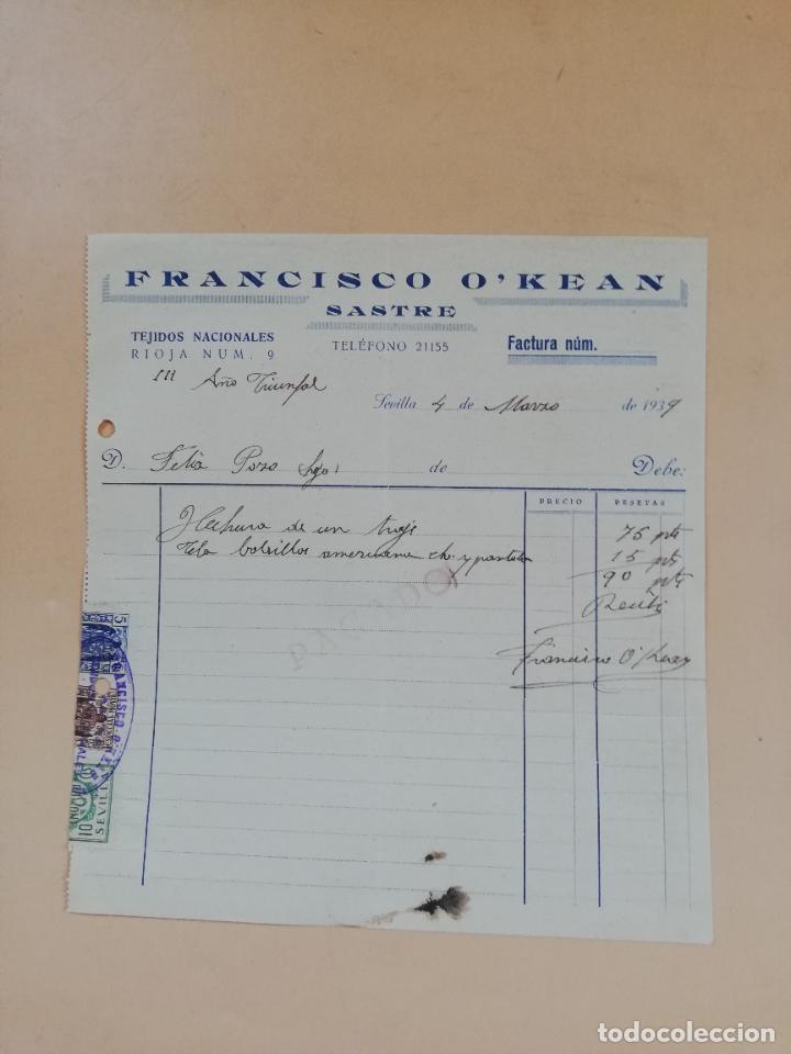 Factures anciennes: FACTURA. TEJIDOS NACIONALES. FRANCISCO O'KEAN. SASTRE. SEVILLA, 1939.
