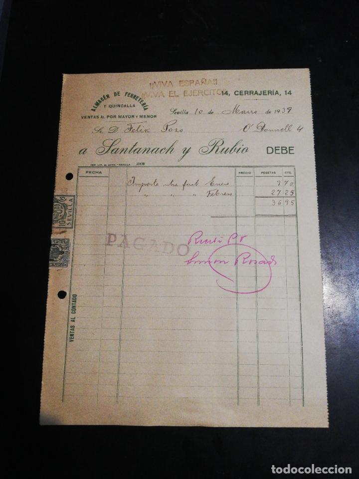 Factures anciennes: FACTURA. ALMACEN DE FERRETERIA. SANTANACH Y RUBIO. SEVILLA, 1939.