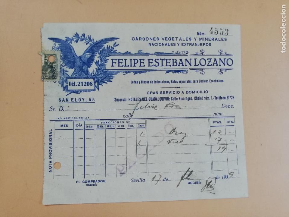 Factures anciennes: FACTURA. CARBONES VEGETALES Y MINERALES. FELIPE ESTEBAN LOZANO. SEVILLA, 1939.