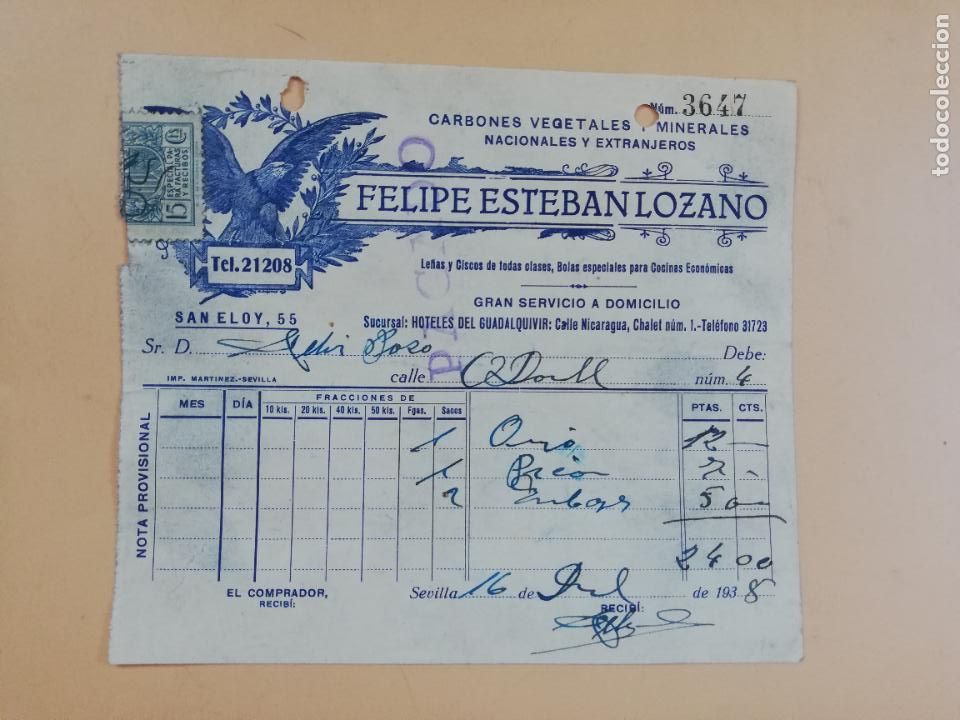 Factures anciennes: FACTURA. CARBONES VEGETALES Y MINERALES. FELIPE ESTEBAN LOZANO. SEVILLA, 1938.