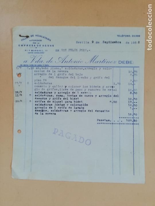 Factures anciennes: FACTURA. TALLER DE HOJALATERIA. VDA. DE ANTONIO MARTINEZ. SEVILLA, 1938.