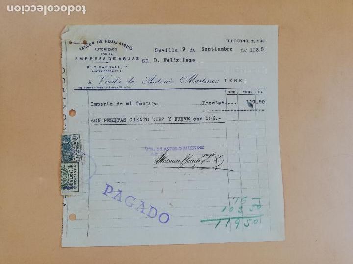 Factures anciennes: FACTURA. TALLER DE HOJALATERIA. VDA. DE ANTONIO MARTINEZ. SEVILLA, 1938.