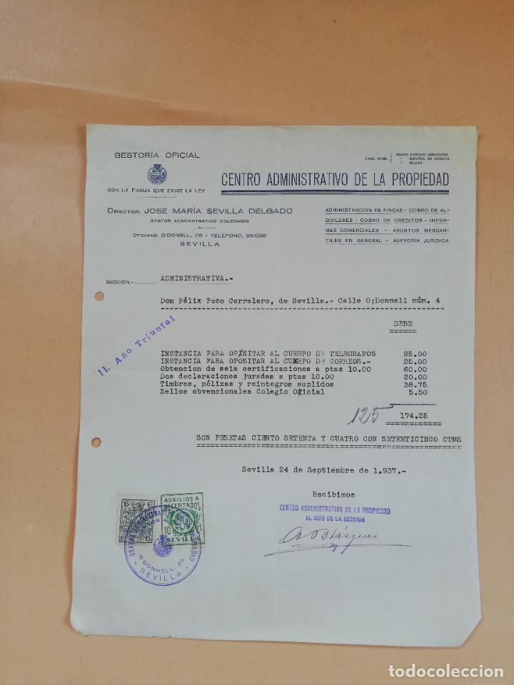 Factures anciennes: FACTURA. GESTORIA OFICIAL. CENTRO ADMINISTRATIVO DE LA PROPIEDAD. SEVILLA, 1937.
