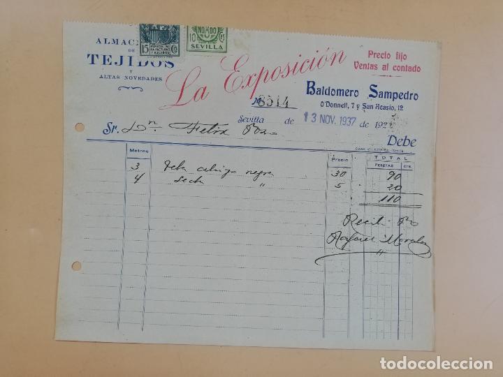 Factures anciennes: FACTURA. ALMACEN DE TEJIDOS. LA EXPOSICION. BALDOMERO SAMPEDRO. SEVILLA, 1937.