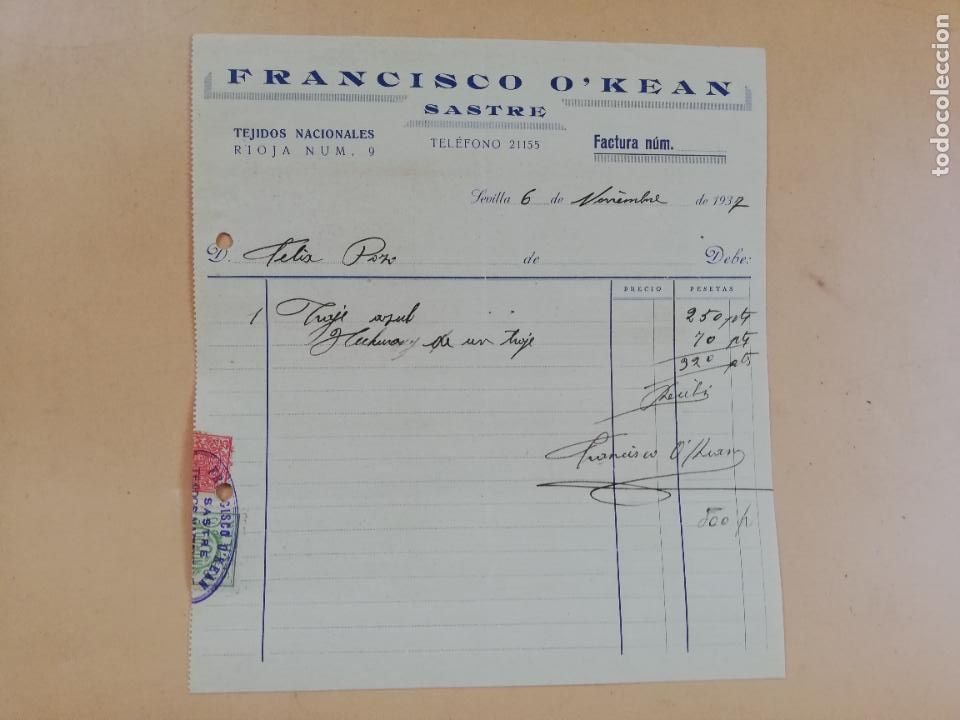 Factures anciennes: FACTURA. SASTRE. FRANCISCO O'KEAN. SEVILLA, 1937.