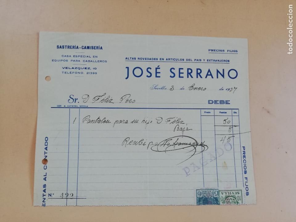 Factures anciennes: FACTURA. SASTRERIA-CAMISERIA. JOSE SERRANO. SEVILLA, 1937.