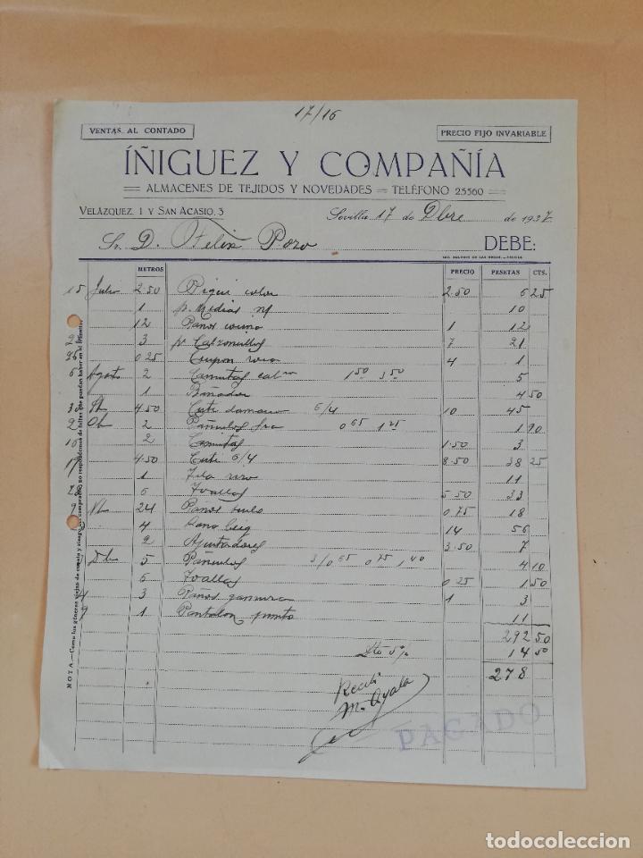 Factures anciennes: FACTURA. ALMACENES DE TEJIDOS. I&Ntilde;IGUEZ Y COMPA&Ntilde;IA. SEVILLA, 1937.
