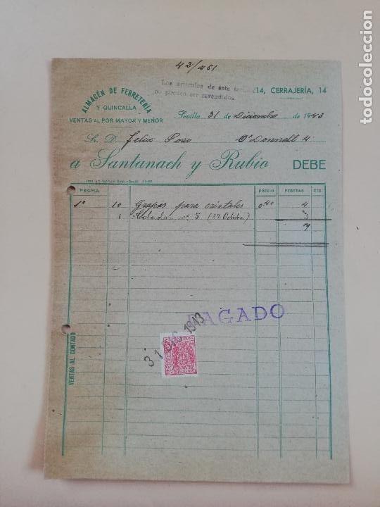 Factures anciennes: FACTURA. ALMACEN DE FERRETERIA. SANTANACH Y RUBIO. SEVILLA, 1943.