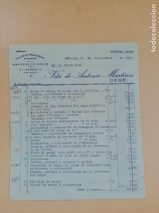 Factures anciennes: FACTURA. TALLER DE HOJALATERIA. VDA. DE ANTONIO MARTINEZ. SEVILLA, 1935. 4 HOJAS.