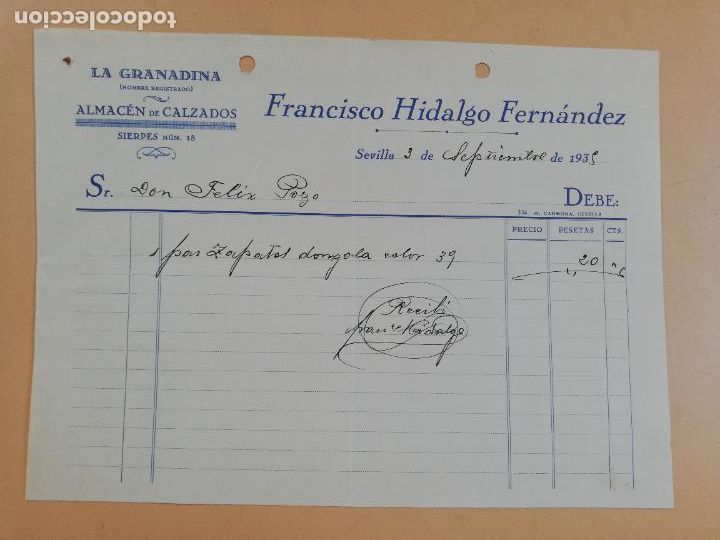 Factures anciennes: FACTURA. ALMACEN DE CALZADOS. LA GRANADINA. FRANCISCO HIDALGO FERNANDEZ. SEVILLA, 1935.
