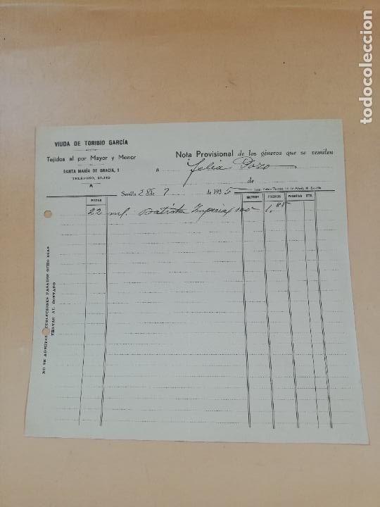 Factures anciennes: FACTURA. TEJIDOS AL POR MAYOR Y MENOR. VIUDA DE TORIBIO GARCIA. SEVILLA, 1935.