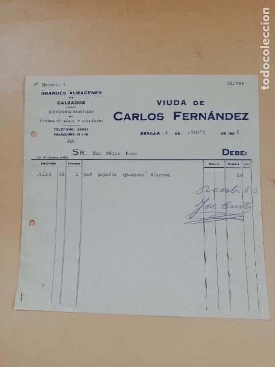 Factures anciennes: FACTURA. GRANDES ALMACENES DE CALZADOS. VIUDA DE CARLOS FERNANDEZ. SEVILLA, 1933.