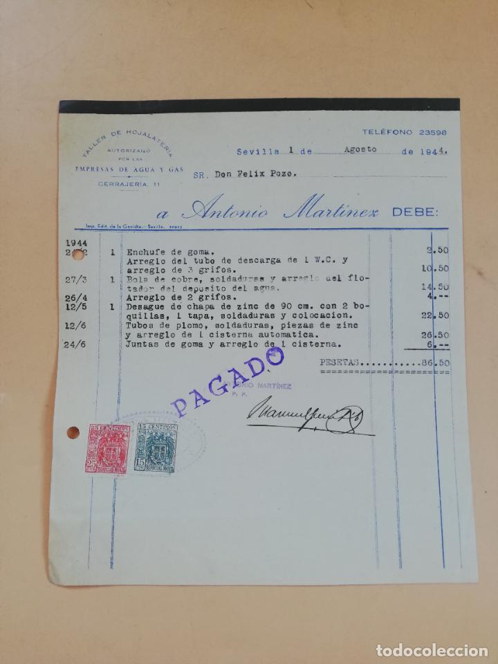 Factures anciennes: FACTURA. TALLER DE HOJALATERIA. ANTONIO MARTINEZ. SEVILLA, 1944.