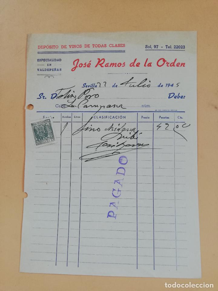 Factures anciennes: FACTURA. DEPOSITO DE VINOS, VALDEPE&Ntilde;AS. JOSE RAMOS DE LA ORDEN. SEVILLA, 1945.