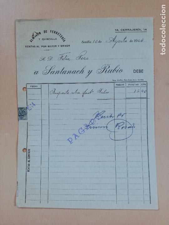 Factures anciennes: FACTURA. ALMACEN DE FERRETERIA. SANTANACH Y RUBIO. SEVILLA, 1944.