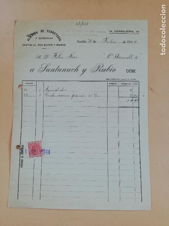 Factures anciennes: FACTURA. ALMACEN DE FERRETERIA. SANTANACH Y RUBIO. SEVILLA, 1944.