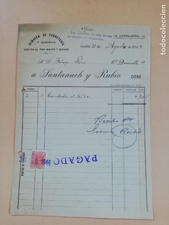 Factures anciennes: FACTURA. ALMACEN DE FERRETERIA. SANTANACH Y RUBIO. SEVILLA, 1944.