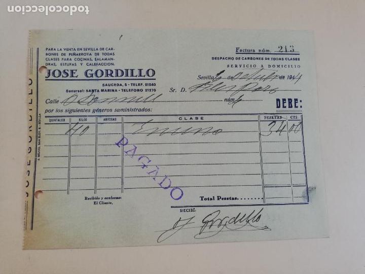 Factures anciennes: FACTURA. VENTA DE CARBONES DE PE&Ntilde;ARROYA. JOSE GORDILLO. SEVILLA, 1944.