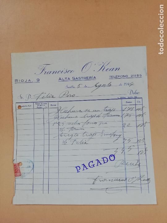 Factures anciennes: FACTURA. ALTA SASTRERIA. FRANCISCO O'KEAN. SEVILLA, 1944.
