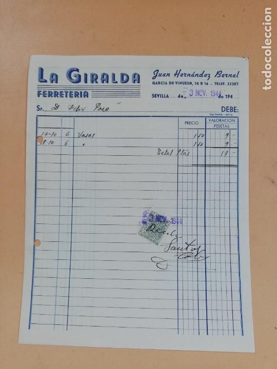 Factures anciennes: FACTURA. FERRETERIA. LA GIRALDA. JUAN HERNANDEZ BERNAL. SEVILLA, 1944.