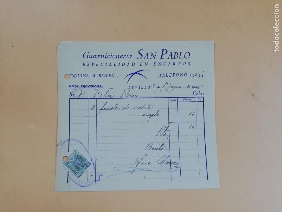 Factures anciennes: FACTURA. ESPECIALIDAD EN ENCARGOS. GUARNICIONERIA SAN PABLO. SEVILLA, 1945.
