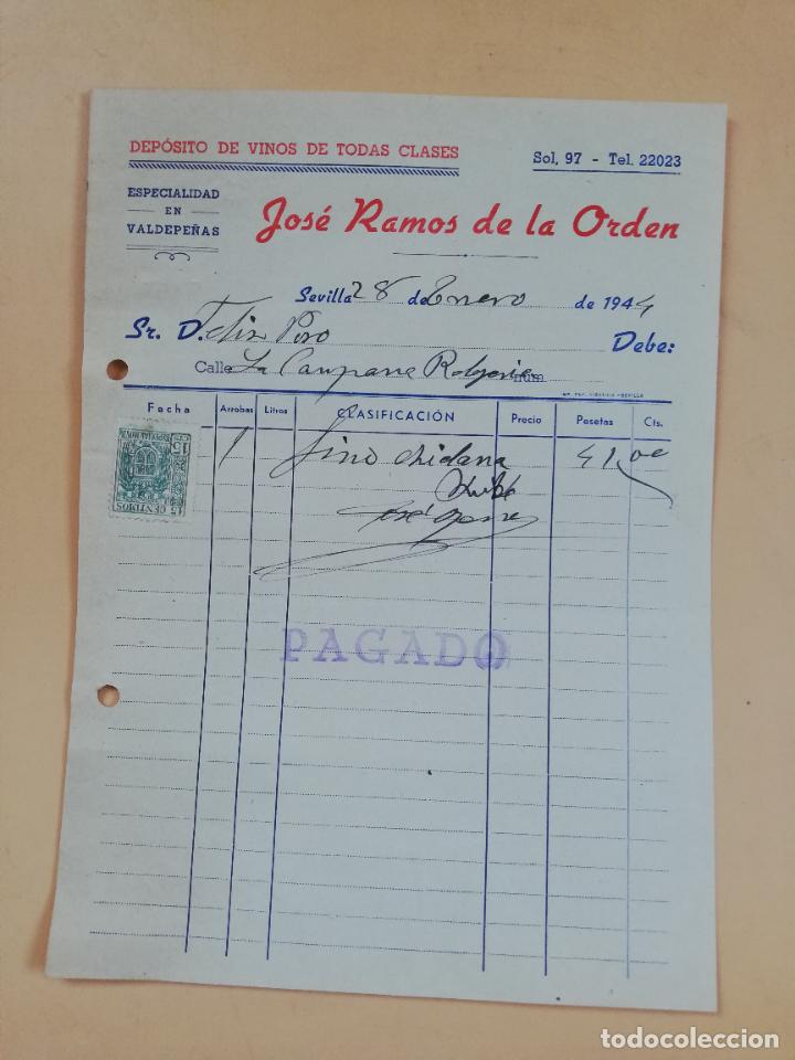 Factures anciennes: FACTURA. DEPOSITO DE VINOS, VALDEPE&Ntilde;AS. JOSE RAMOS DE LA ORDEN. SEVILLA, 1944.