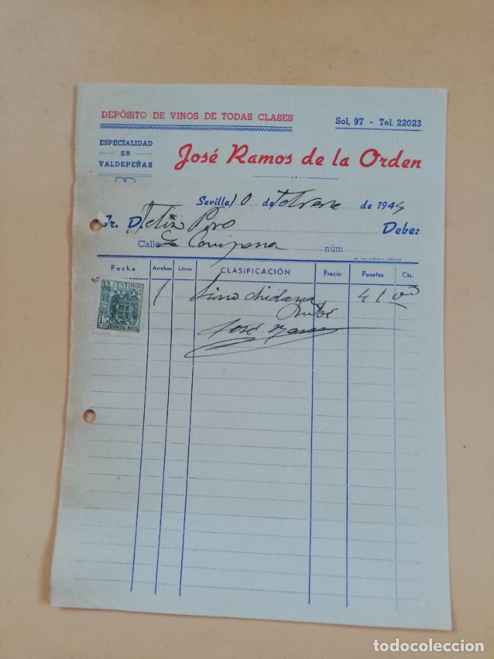 Factures anciennes: FACTURA. DEPOSITO DE VINOS, VALDEPE&Ntilde;AS. JOSE RAMOS DE LA ORDEN. SEVILLA, 1945.
