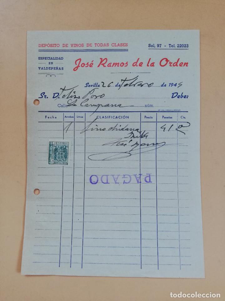 Factures anciennes: FACTURA. DEPOSITO DE VINOS, VALDEPE&Ntilde;AS. JOSE RAMOS DE LA ORDEN. SEVILLA, 1945.