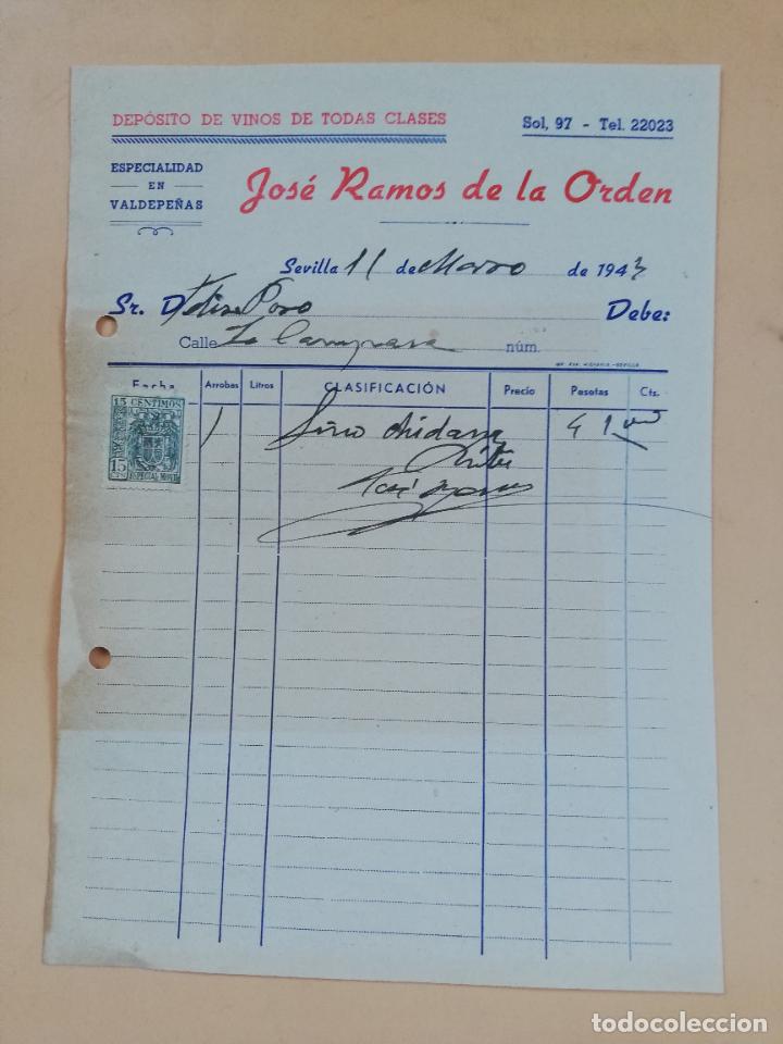 Factures anciennes: FACTURA. DEPOSITO DE VINOS, VALDEPE&Ntilde;AS. JOSE RAMOS DE LA ORDEN. SEVILLA, 1943.