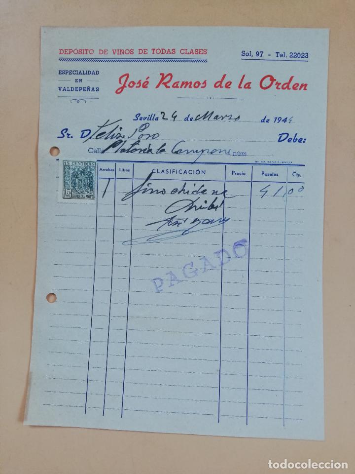 Factures anciennes: FACTURA. DEPOSITO DE VINOS, VALDEPE&Ntilde;AS. JOSE RAMOS DE LA ORDEN. SEVILLA, 1944.