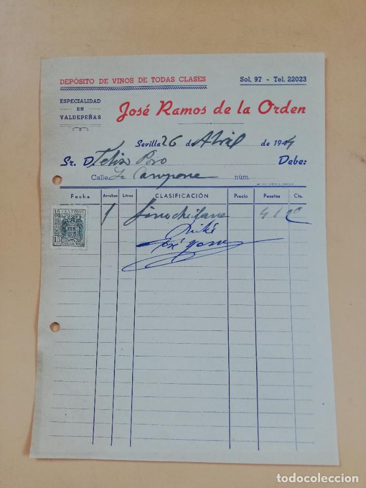 Factures anciennes: FACTURA. DEPOSITO DE VINOS, VALDEPE&Ntilde;AS. JOSE RAMOS DE LA ORDEN. SEVILLA, 1944.