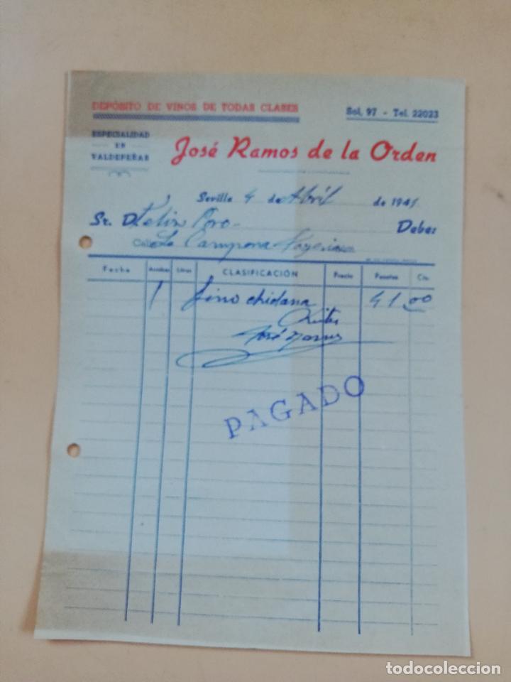 Factures anciennes: FACTURA. DEPOSITO DE VINOS, VALDEPE&Ntilde;AS. JOSE RAMOS DE LA ORDEN. SEVILLA, 1944.