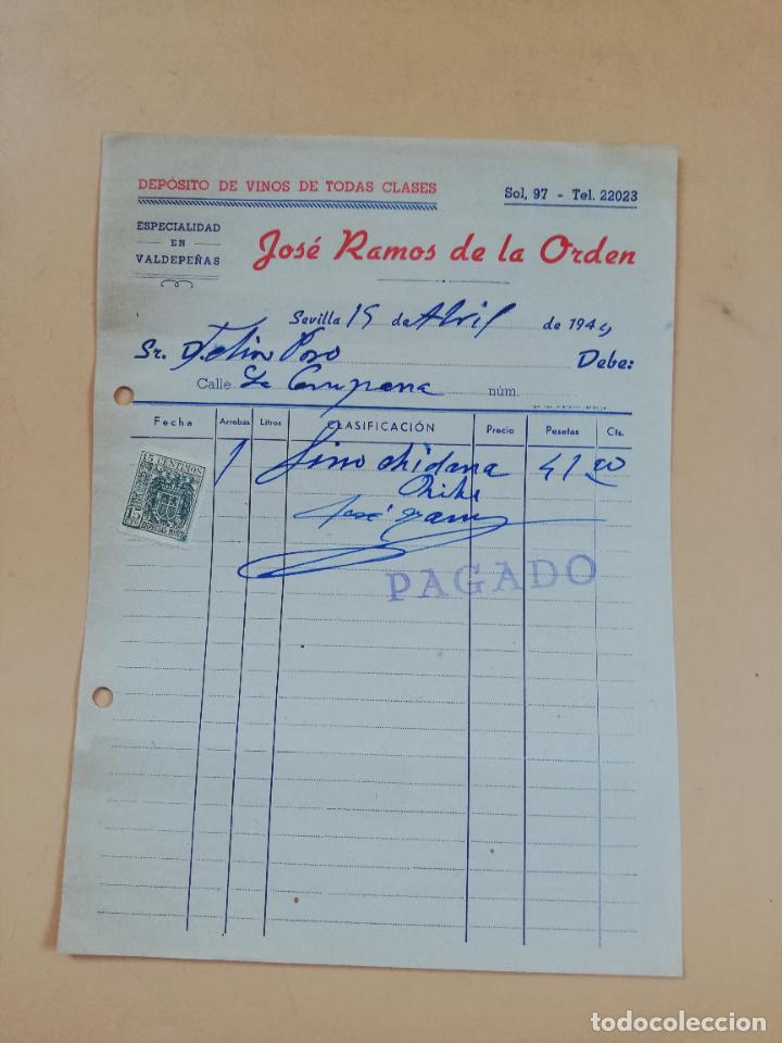 Factures anciennes: FACTURA. DEPOSITO DE VINOS, VALDEPE&Ntilde;AS. JOSE RAMOS DE LA ORDEN. SEVILLA, 1944.