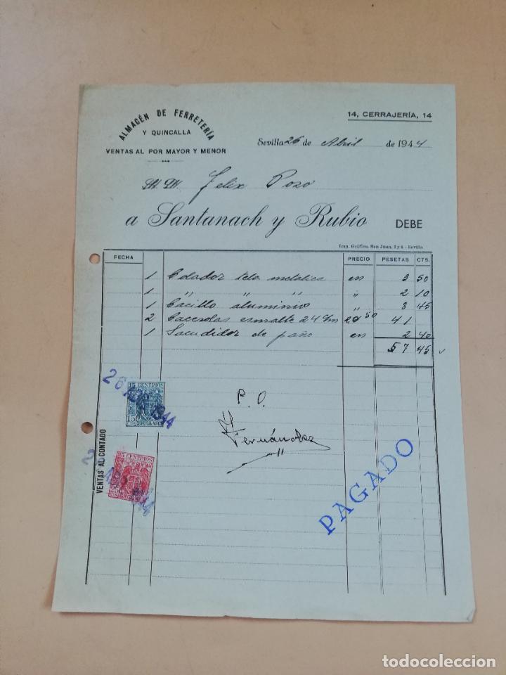 Factures anciennes: FACTURA. ALMACEN DE FERRETERIA. SANTANACH Y RUBIO. SEVILLA, 1944.