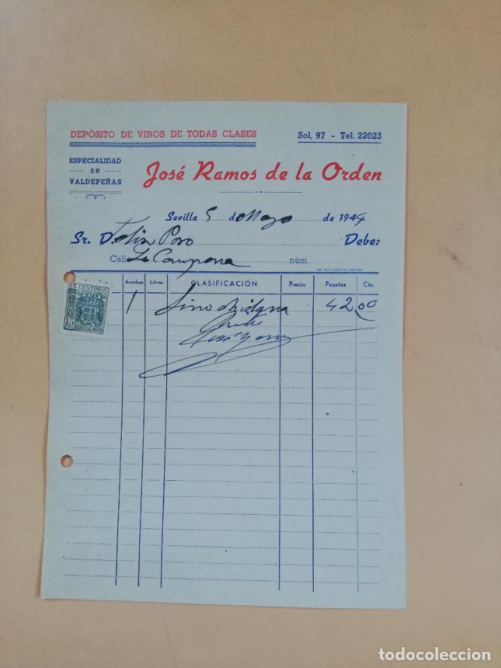 Factures anciennes: FACTURA. DEPOSITO DE VINOS, VALDEPE&Ntilde;AS. JOSE RAMOS DE LA ORDEN. SEVILLA, 1944.
