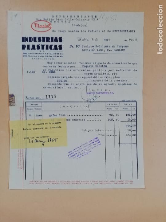 Factures anciennes: FACTURA. MADEL. INDUSTRIAS PLASTICAS. MADRID, 1955.