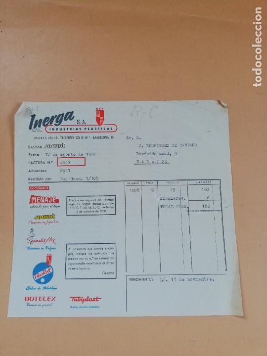 Factures anciennes: FACTURA. INERGA, S.A. INDUSTRIAS PLASTICAS. BADAJOZ, 1962.