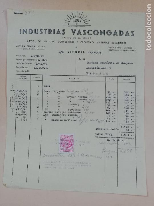 Factures anciennes: FACTURA. INDUSTRIAS VASCONGADAS. VITORIA, 1959.