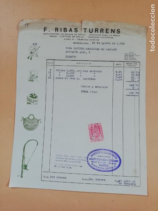 Factures anciennes: FACTURA. ARTICULOS PARA LA PESCA EN GENERAL. F. RIBAS TURRENS. BARCELONA, 1955.