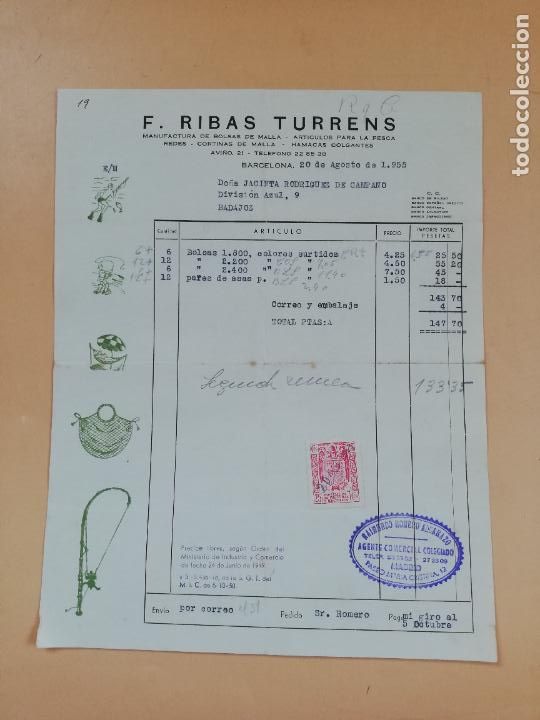 Factures anciennes: FACTURA. ARTICULOS PARA LA PESCA EN GENERAL. F. RIBAS TURRENS. BARCELONA, 1955.