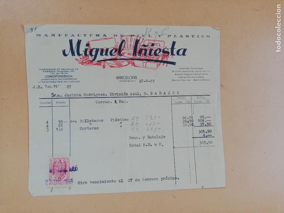 Factures anciennes: FACTURA. MANUFACTURA DE PIEL Y PLASTICO. MIGUEL I&Ntilde;IESTA. BARCELONA ,1955.