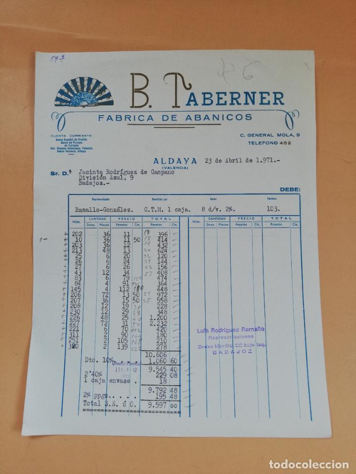 Factures anciennes: FACTURA. FABRICA DE ABANICOS. B. TABERNER. ALDAYA, VALENCIA, 1971.