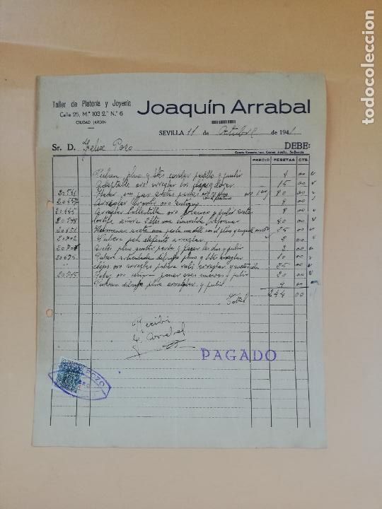 Factures anciennes: FACTURA. TALLER DE PLATERIA Y JOYERIA. JOAQUIN ARRABAL. SEVILLA, 1941.