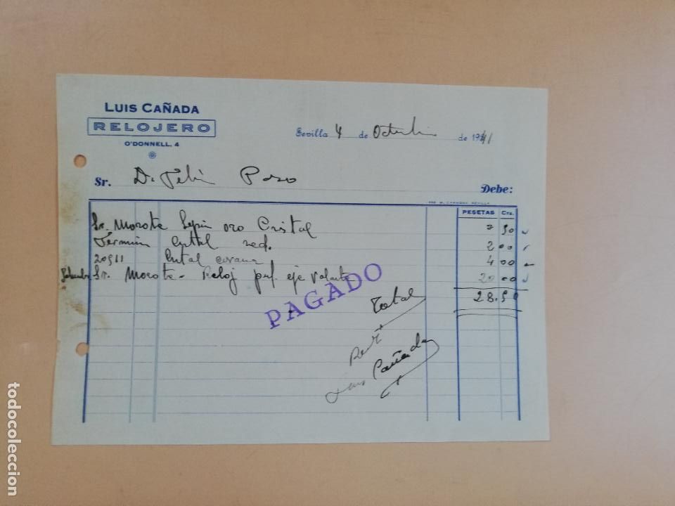 Factures anciennes: FACTURA. RELOJERO. LUIS CA&Ntilde;ADA. SEVILLA, 1941.