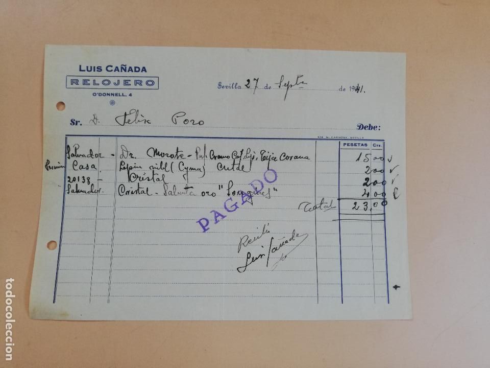 Factures anciennes: FACTURA. RELOJERO. LUIS CA&Ntilde;ADA. SEVILLA, 1941.