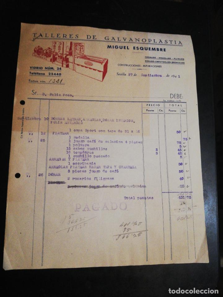 Factures anciennes: FACTURA. TALLERES DE GALVANOPLASTIA. MIGUEL ESQUEMBRE. SEVILLA, 1941.