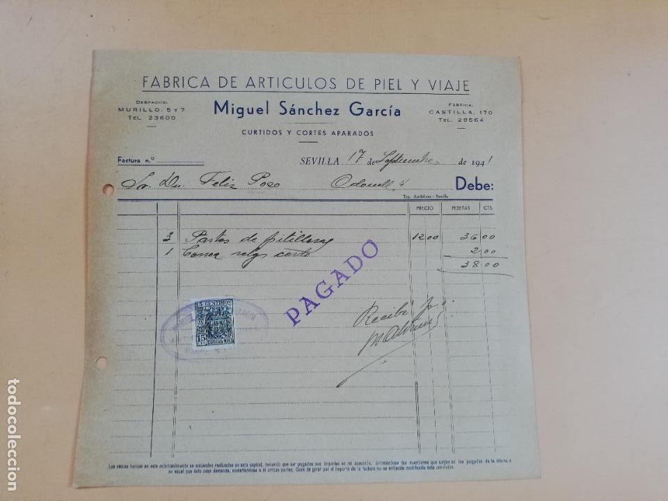 Factures anciennes: FACTURA. FABRICA DE ARTICULOS DE PIEL Y VIAJE. MIGUEL SANCHEZ GARCIA. SEVILLA, 1941.