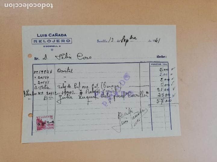 Factures anciennes: FACTURA. RELOJERO. LUIS CA&Ntilde;ADA. SEVILLA, 1941.